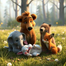 In the morning on a forest meadow, a small white bunny has tumbled to the ground with a pained expression, surrounded with genuine concern by its friends: a small grey elephant, a little fox, and a brown bear cub