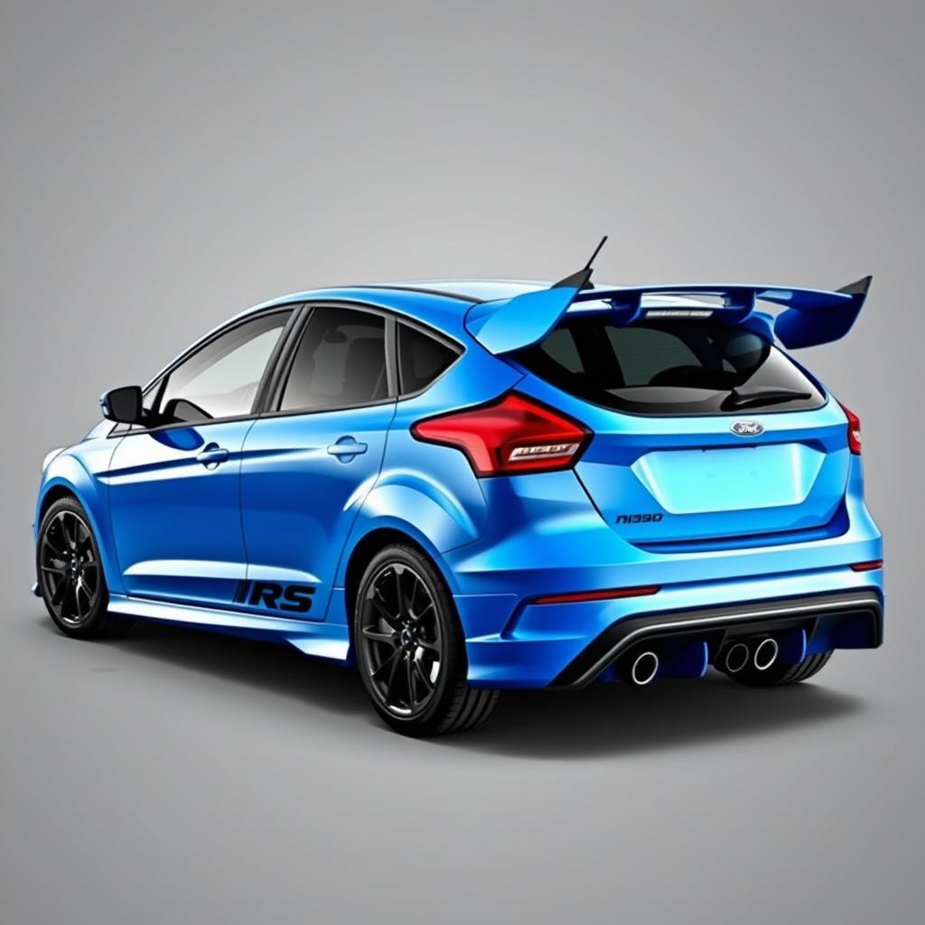 a high-performance 2-door AWD hatchback car inspired by the 2018 Ford Focus RS and 2017 Ford Fiesta ST, featuring a powerful 450 horsepower engine with a turbocharger