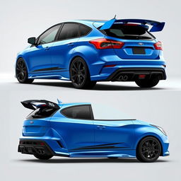 a high-performance 2-door AWD hatchback car inspired by the 2018 Ford Focus RS and 2017 Ford Fiesta ST, featuring a powerful 450 horsepower engine with a turbocharger