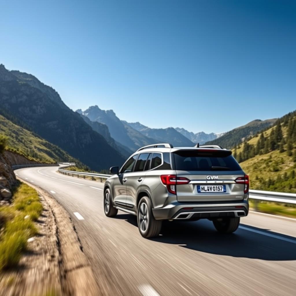 A GWM Tank 500 driving on a scenic mountain road, showcasing the car's impressive design and robust build