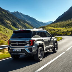 A GWM Tank 500 driving on a scenic mountain road, showcasing the car's impressive design and robust build