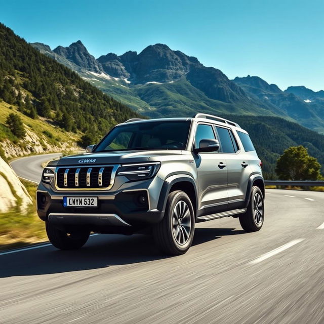 A GWM Tank 500 driving on a scenic mountain road, showcasing the car's impressive design and robust build