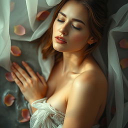 An artistic representation of a woman exploring her sensuality in a tasteful and elegant manner, with soft lighting creating a serene and intimate atmosphere