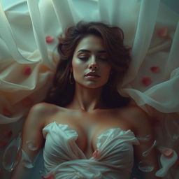 An artistic representation of a woman exploring her sensuality in a tasteful and elegant manner, with soft lighting creating a serene and intimate atmosphere