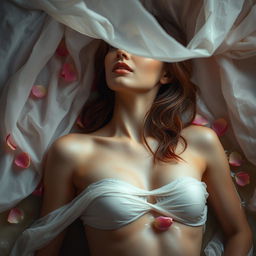 An artistic representation of a woman exploring her sensuality in a tasteful and elegant manner, with soft lighting creating a serene and intimate atmosphere