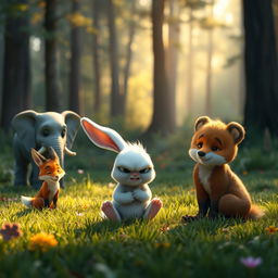 In the morning on a forest meadow, a small white bunny sits angrily on the ground after a fall, surrounded by its attentive friends: a small grey elephant, a curious little fox, and a gentle brown bear cub