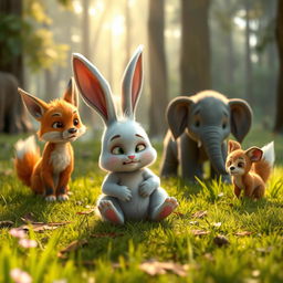 In the morning on a forest meadow, a small white bunny sits angrily on the ground after a fall, surrounded by its attentive friends: a small grey elephant, a curious little fox, and a gentle brown bear cub