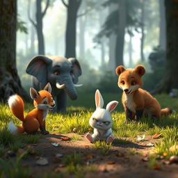 In the morning on a forest meadow, a small white bunny sits angrily on the ground after a fall, surrounded by its attentive friends: a small grey elephant, a curious little fox, and a gentle brown bear cub