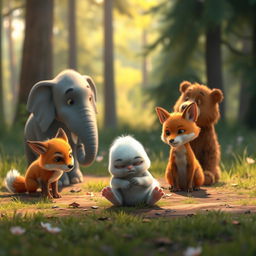 In the morning on a forest meadow, a small white bunny sits angrily on the ground after a fall, surrounded by its attentive friends: a small grey elephant, a curious little fox, and a gentle brown bear cub