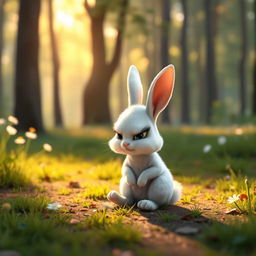 In the morning on a forest meadow, a small white bunny sits angrily on the ground