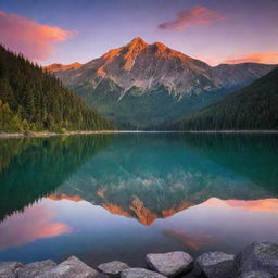 A majestic mountain landscape at sunset, with vibrant hues filling the sky and reflecting off of a calm, serene lake at the base of the mountains