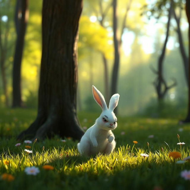 In the morning on a forest meadow, a small white bunny sits angrily on the ground