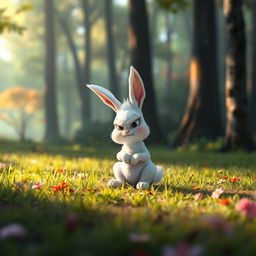 In the morning on a forest meadow, a small white bunny sits angrily on the ground