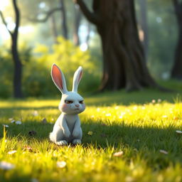 In the morning on a forest meadow, a small white bunny sits angrily on the ground