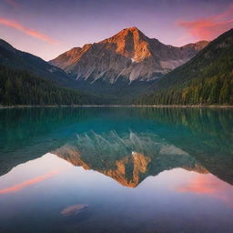 A majestic mountain landscape at sunset, with vibrant hues filling the sky and reflecting off of a calm, serene lake at the base of the mountains