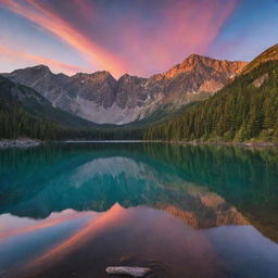 A majestic mountain landscape at sunset, with vibrant hues filling the sky and reflecting off of a calm, serene lake at the base of the mountains