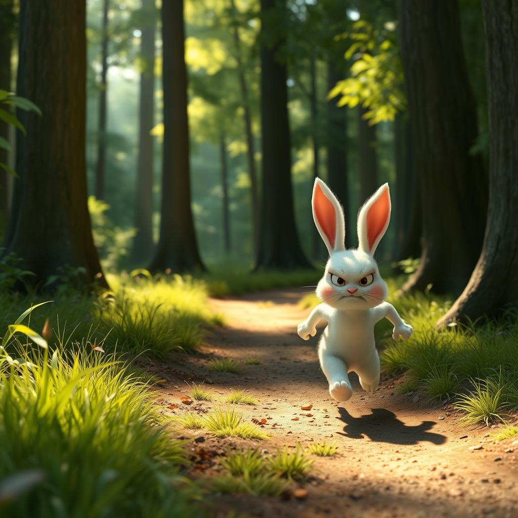 In the morning, within the forest, a small white bunny is running angrily on its way home