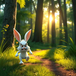 In the morning, within the forest, a small white bunny is running angrily on its way home