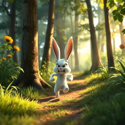 In the morning, within the forest, a small white bunny is running angrily on its way home