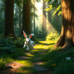 In the morning, within the forest, a small white bunny is running angrily on its way home