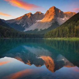 A majestic mountain landscape at sunset, with vibrant hues filling the sky and reflecting off of a calm, serene lake at the base of the mountains