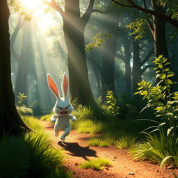 In the morning, within the forest, a small white bunny is angrily running on its way home