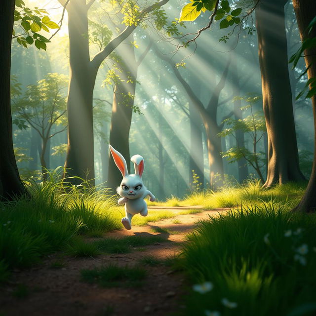 In the morning, within the forest, a small white bunny is angrily running on its way home