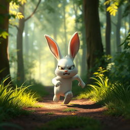 In the morning, within the forest, a small white bunny is angrily running on its way home