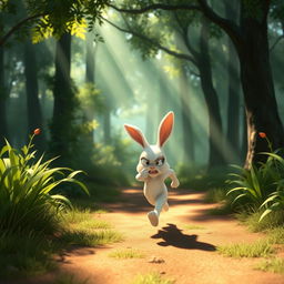 In the morning, within the forest, a small white bunny is angrily running on its way home