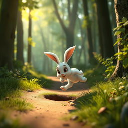 In the morning on a forest path, a small white bunny trips over a hole in the ground and falls