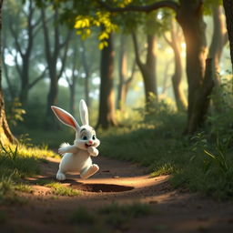 In the morning on a forest path, a small white bunny trips over a hole in the ground and falls