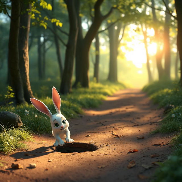 In the morning on a forest path, a small white bunny trips over a hole in the ground and falls