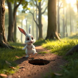 In the morning on a forest path, a small white bunny trips over a hole in the ground and falls