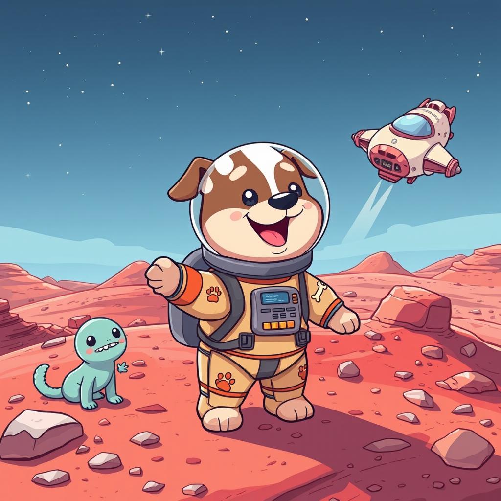 A cute and whimsical illustration of Bubba, a lovable and chunky dog, wearing a space suit on Mars