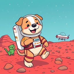 A cute and whimsical illustration of Bubba, a lovable and chunky dog, wearing a space suit on Mars