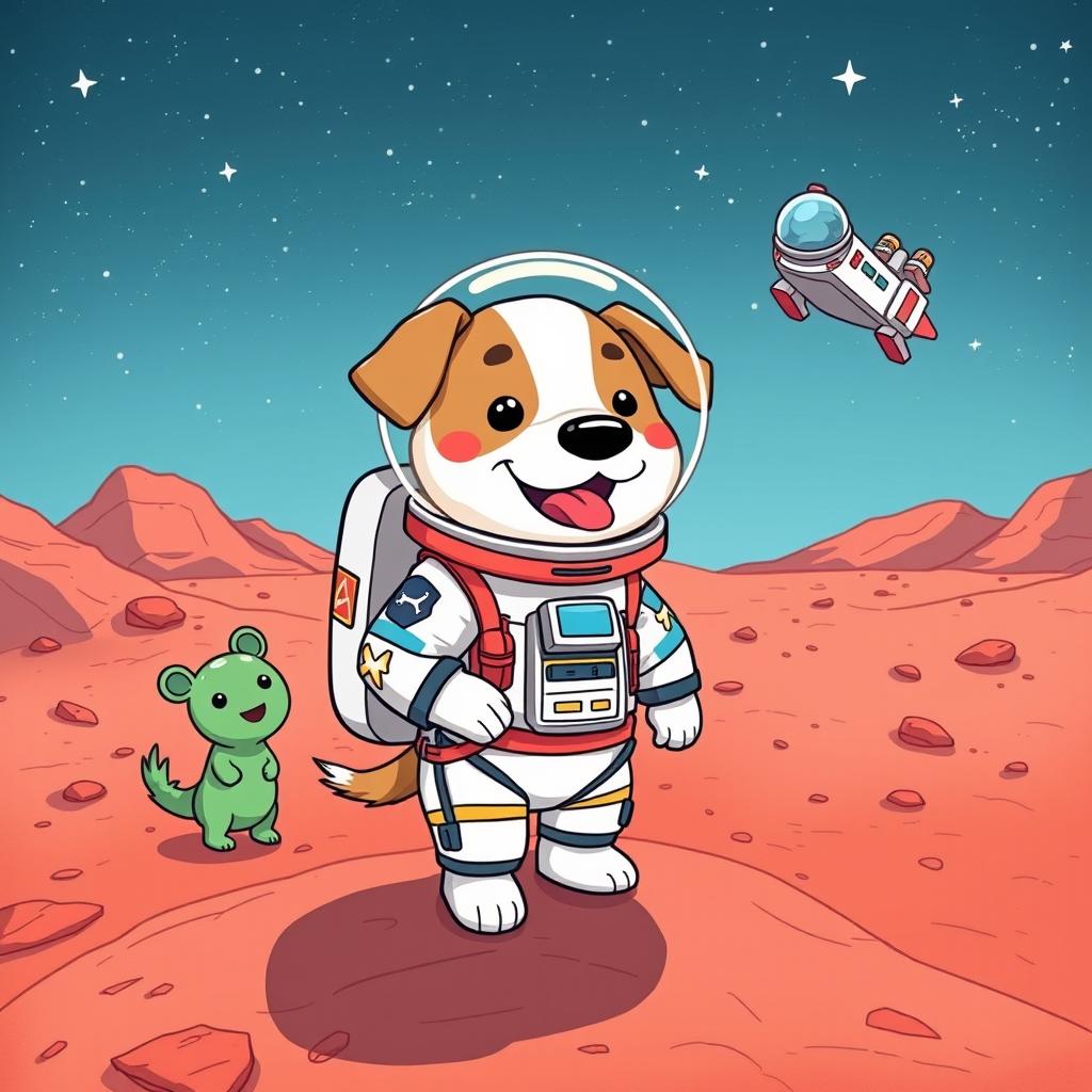 A cute and whimsical illustration of Bubba, a lovable and chunky dog, wearing a space suit on Mars