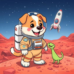 A cute and whimsical illustration of Bubba, a lovable and chunky dog, wearing a space suit on Mars