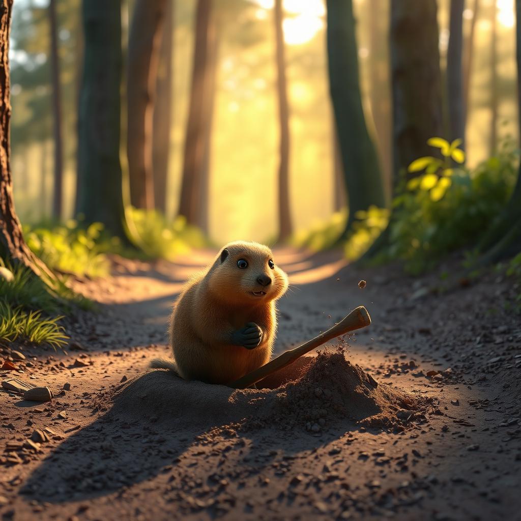 In the morning, on a forest path, a brown marmot is diligently digging a hole