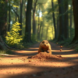 In the morning, on a forest path, a brown marmot is diligently digging a hole