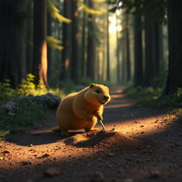 In the morning, on a forest path, a brown marmot is diligently digging a hole