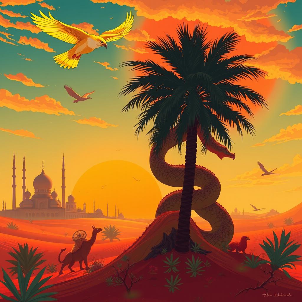 A fantastical landscape inspired by Arab Emirates Islamic culture, featuring a blend of fictional creatures and real ones, set on 'The Red Island'