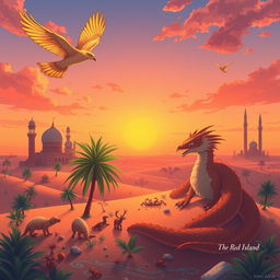 A fantastical landscape inspired by Arab Emirates Islamic culture, featuring a blend of fictional creatures and real ones, set on 'The Red Island'