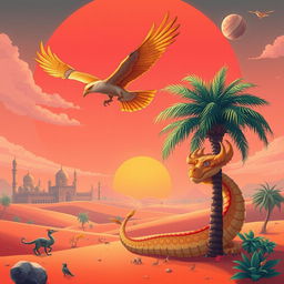 A fantastical landscape inspired by Arab Emirates Islamic culture, featuring a blend of fictional creatures and real ones, set on 'The Red Island'