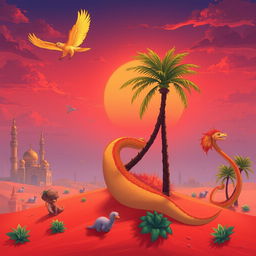 A fantastical landscape inspired by Arab Emirates Islamic culture, featuring a blend of fictional creatures and real ones, set on 'The Red Island'