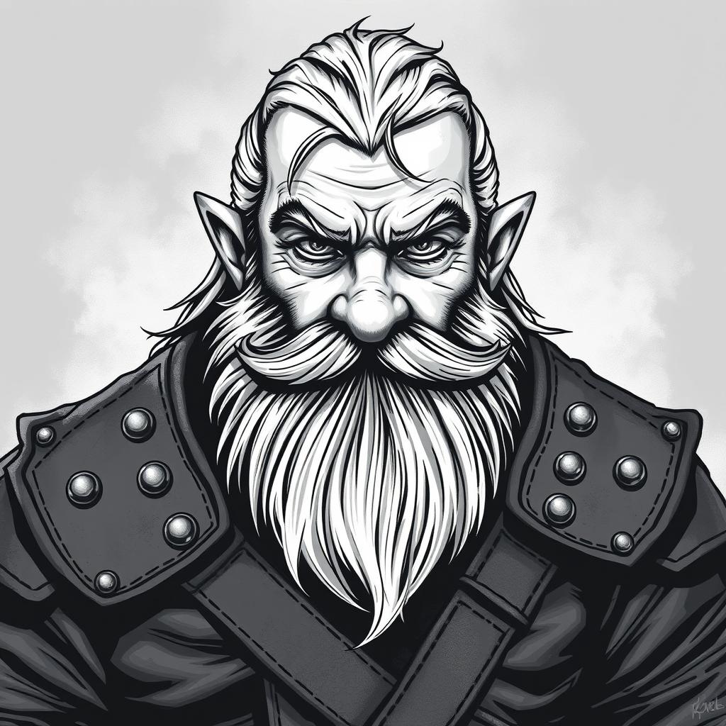 A greyscale illustration of a dwarf rogue with a well-groomed Van Dyke beard, wearing intricately designed studded leather armor, focusing on the shoulders and up