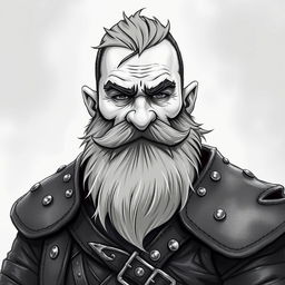 A greyscale illustration of a dwarf rogue with a well-groomed Van Dyke beard, wearing intricately designed studded leather armor, focusing on the shoulders and up