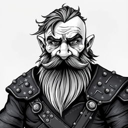 A greyscale illustration of a dwarf rogue with a well-groomed Van Dyke beard, wearing intricately designed studded leather armor, focusing on the shoulders and up