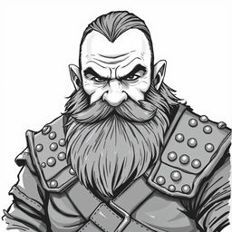 A greyscale illustration of a dwarf rogue with a well-groomed Van Dyke beard, wearing intricately designed studded leather armor, focusing on the shoulders and up