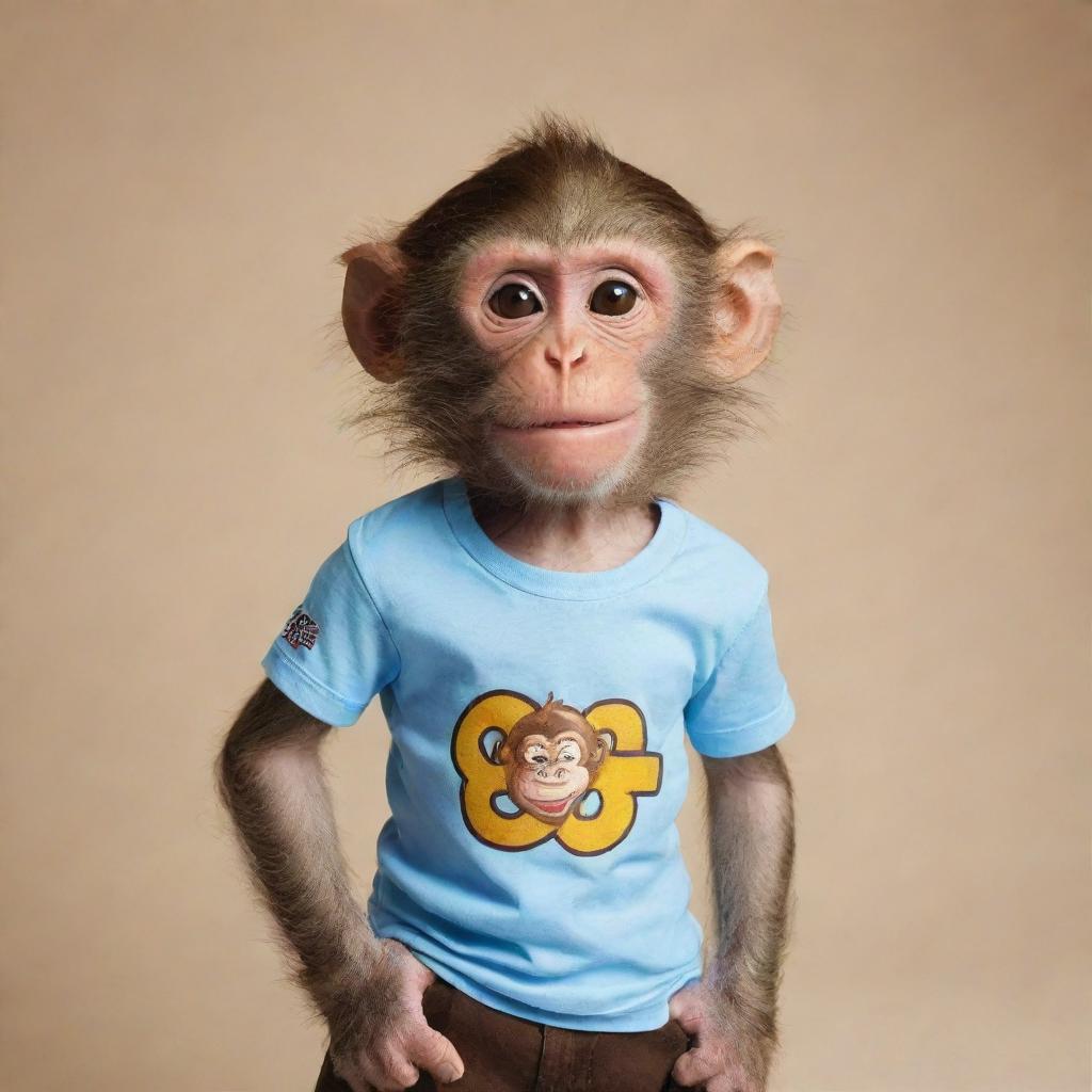 A whimsical monkey wearing a shirt adorned with the logo of 'Barx', positioned in a playful, curious pose.