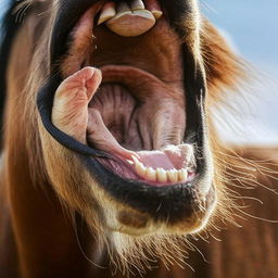 Extreme close-up view inside the mouth of an old, majestic horse as if someone just received it as a gift and is curiously inspecting it.